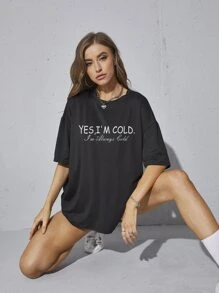 SHEIN EZwear Slogan Graphic Drop Shoulder Tee - Black - View 1