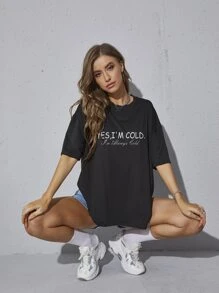 SHEIN EZwear Slogan Graphic Drop Shoulder Tee - Black - View 3