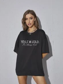SHEIN EZwear Slogan Graphic Drop Shoulder Tee - Black - View 4