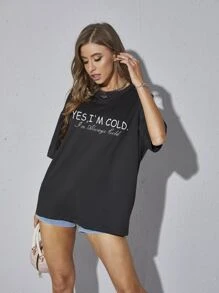SHEIN EZwear Slogan Graphic Drop Shoulder Tee - Black - View 6