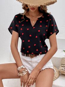 SHEIN LUNE Blusa con estampado de corazón de cuello de muesca de manga murciélago - Negro - Ver 1