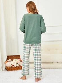 Cartoon Graphic Contrast Binding Tee & Plaid Print Trousers PJ Set - Multicolor - View 2