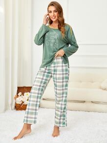 Cartoon Graphic Contrast Binding Tee & Plaid Print Trousers PJ Set - Multicolor - View 4