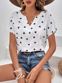 SHEIN LUNE 愛心圖案缺口領蝙蝠袖襯衫 - 白色 - 查看 3