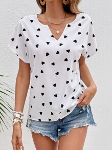 SHEIN LUNE 愛心圖案缺口領蝙蝠袖襯衫 - 白色 - 查看 4