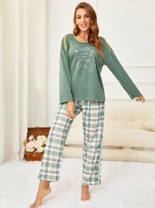 Cartoon Graphic Contrast Binding Tee & Plaid Print Trousers PJ Set - Multicolor - View 6