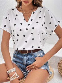 SHEIN LUNE 愛心圖案缺口領蝙蝠袖襯衫 - 白色 - 查看 5