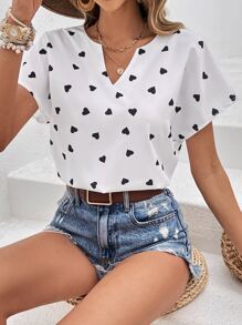 SHEIN LUNE 愛心圖案缺口領蝙蝠袖襯衫 - 白色 - 查看 6