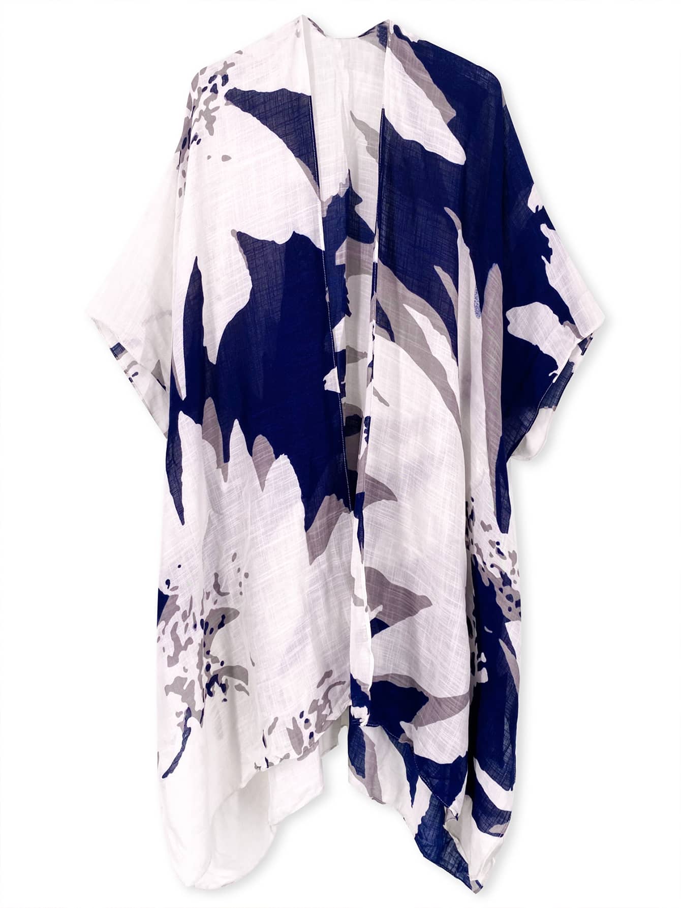 Graphic Print Asymmetrical Hem Kimono - Blue and White - View 1
