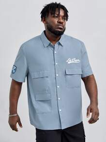 EASEVO 宽松版型男式加大码字母图案翻盖口袋衬衫