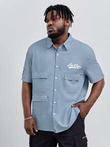 EASEVO 宽松版型男式加大码字母图案翻盖口袋衬衫