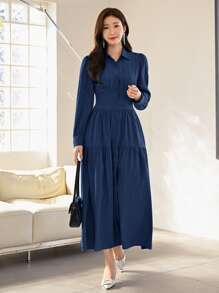 Modelyn Solid Ruffle Hem Shirt Dress - Navy Blue - View 1