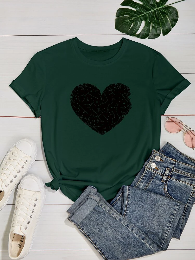 SHEIN LUNE לב קז'ואל טישרט במידה גדולה - ירוק כהה - ראה 1