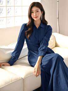 Modelyn Solid Ruffle Hem Shirt Dress - Navy Blue - View 4