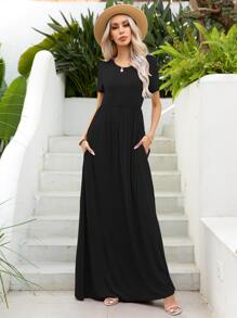 DEARCASE Solid Hidden Pocket Maxi Dress - Black - View 1