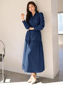 Modelyn Solid Ruffle Hem Shirt Dress - Navy Blue - View 5