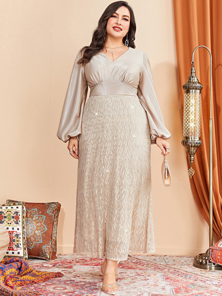 Modelyn 大碼燈籠袖亮片緊身上衣連衣裙 - 香檳色 - 查看 1