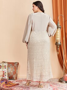 Modelyn 大碼燈籠袖亮片緊身上衣連衣裙 - 香檳色 - 查看 2