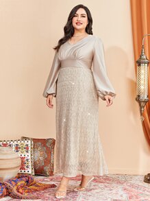 Modelyn 大碼燈籠袖亮片緊身上衣連衣裙 - 香檳色 - 查看 3