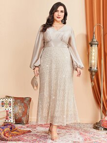 Modelyn 大碼燈籠袖亮片緊身上衣連衣裙 - 香檳色 - 查看 4