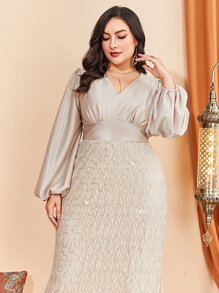 Modelyn 大碼燈籠袖亮片緊身上衣連衣裙 - 香檳色 - 查看 6