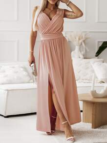 素色蕾絲花邊褶邊高衩連衣裙 - 粉色 - 查看 1