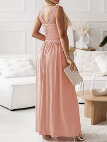 素色蕾絲花邊褶邊高衩連衣裙 - 粉色 - 查看 2