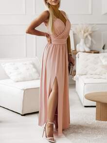 素色蕾絲花邊褶邊高衩連衣裙 - 粉色 - 查看 3