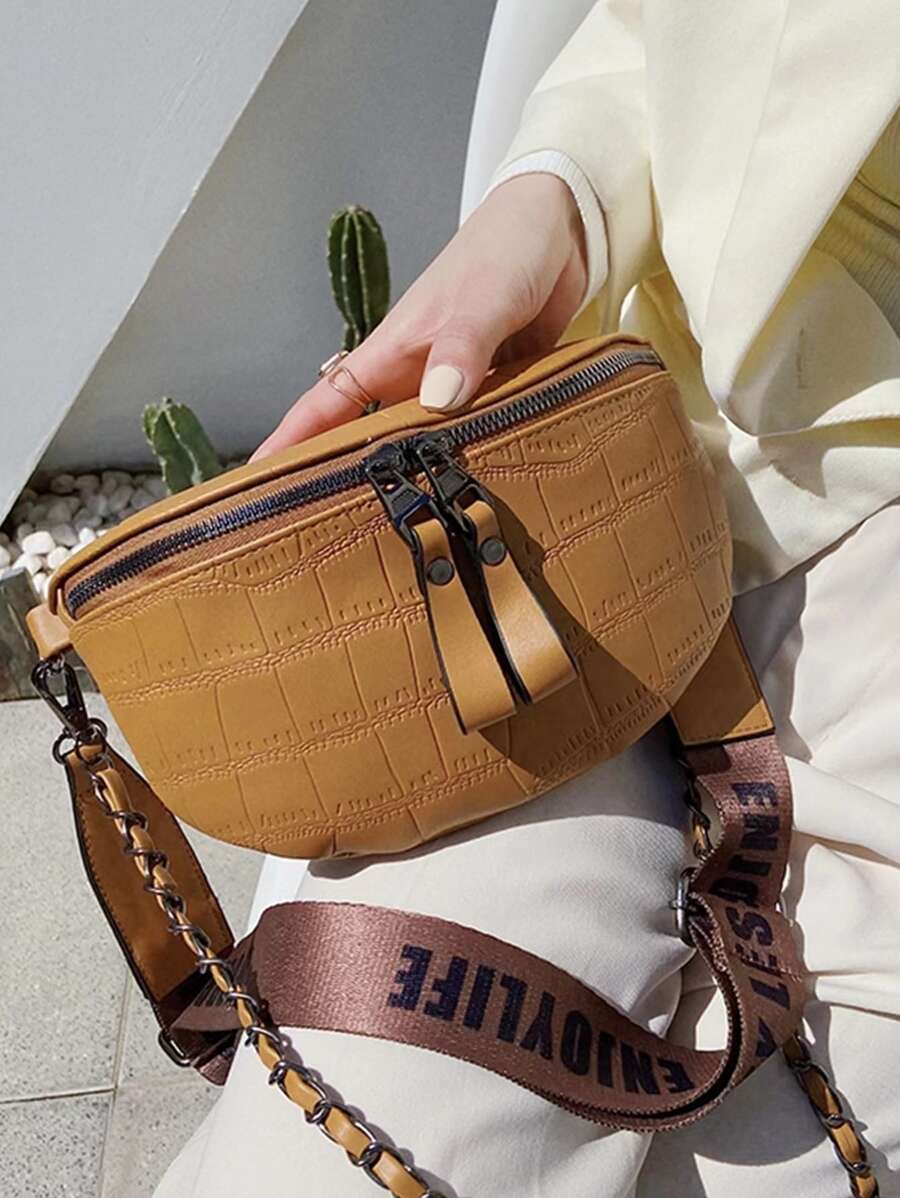 女士奢華鏈條腰包手機包和錢包腰帶包石紋女腰包時尚品牌腰包 - 棕色 - 查看 1