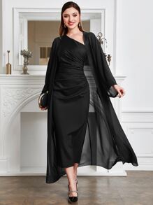 Modelyn Batwing Sleeve Coat & One Shoulder Ruched Dress - Black - View 1