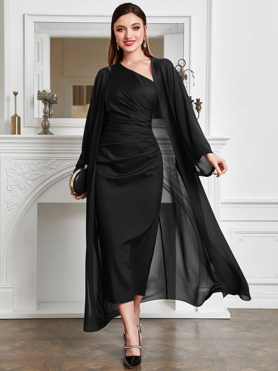 Modelyn Batwing Sleeve Coat & One Shoulder Ruched Dress - Black - View 1