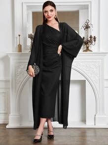 Modelyn Batwing Sleeve Coat & One Shoulder Ruched Dress - Black - View 3