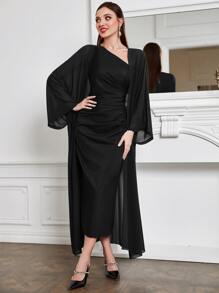 Modelyn Batwing Sleeve Coat & One Shoulder Ruched Dress - Black - View 5