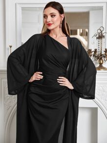 Modelyn Batwing Sleeve Coat & One Shoulder Ruched Dress - Black - View 6