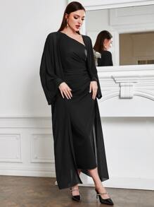 Modelyn Batwing Sleeve Coat & One Shoulder Ruched Dress - Black - View 7