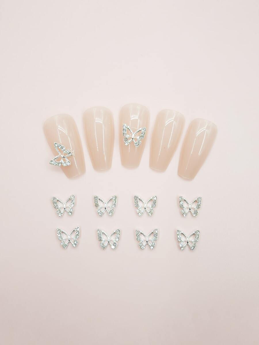 10 cái/bộ 3D Rhinestone Decor Thiết kế hình con bướm Trang trí móng tay nghệ thuật - Bạc - Xem 1