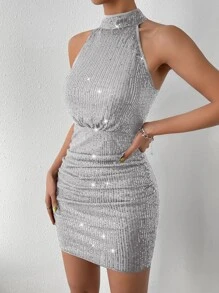 Almamuse 吊带褶饰亮片紧身连衣裙，适合新年节日派对服装