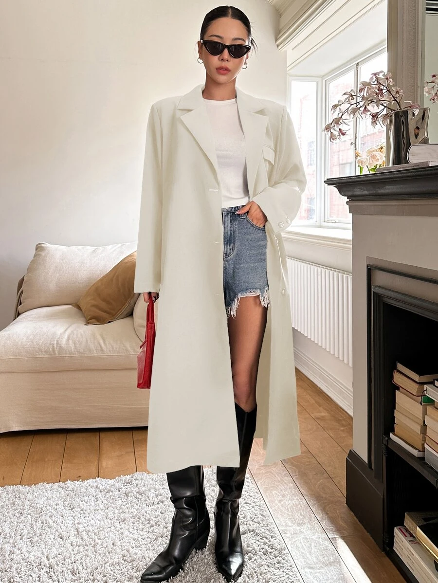 DAZY Lapel Neck Single Breasted Longline Coat Women Jacket,Fall Women Clothes - White - View 1