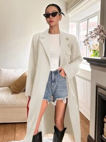 DAZY Lapel Neck Single Breasted Longline Coat Women Jacket,Fall Women Clothes - White - View 2
