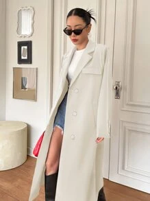 DAZY Lapel Neck Single Breasted Longline Coat Women Jacket,Fall Women Clothes - White - View 3