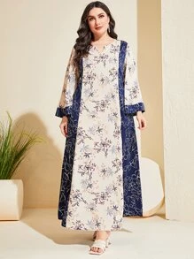 Al Najma Plus Floral Print Notched Neckline Colourblock Dress - Multicolor - View 1