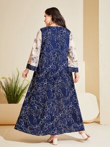 Al Najma Plus Floral Print Notched Neckline Colourblock Dress - Multicolor - View 2