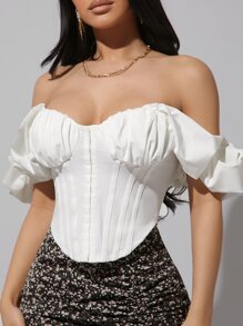 Hauture 露肩荷葉邊緞帶胸衣上衣 - 白色 - 查看 3