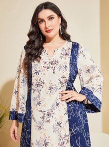 Al Najma Plus Floral Print Notched Neckline Colourblock Dress - Multicolor - View 3