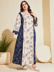 Al Najma Plus Floral Print Notched Neckline Colourblock Dress - Multicolor - View 4