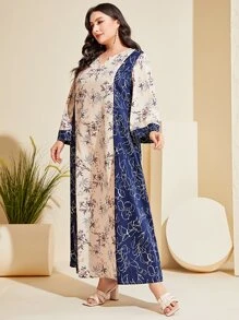 Al Najma Plus Floral Print Notched Neckline Colourblock Dress - Multicolor - View 5
