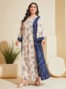 Al Najma Plus Floral Print Notched Neckline Colourblock Dress - Multicolor - View 6