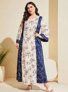 Al Najma Plus Floral Print Notched Neckline Colourblock Dress - Multicolor - View 7