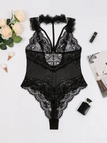 Cut Out Eyelash Lace Teddy Bodysuit - Black - View 2