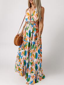 Allover Print Split Thigh Tie Backless Dress